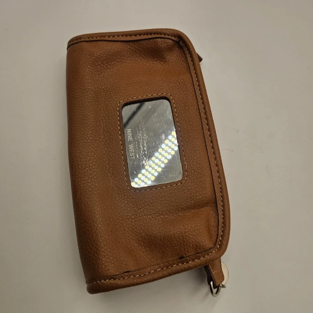 Nine West Brown Faux Leather ‎ Makeup Bag Vintage Mirror